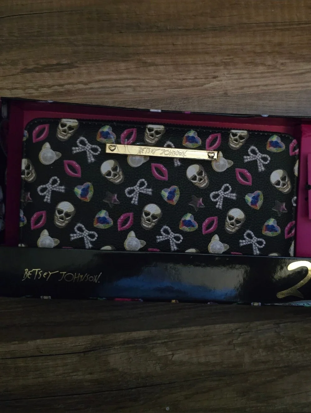 Betsey Johnson Black Wallet & Earring Set with Pink, White and Rainbow Accents